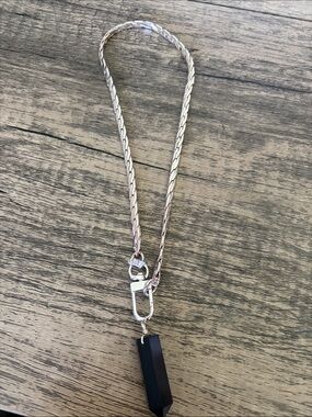 Silver  Lanyard Necklace with Black Pendant